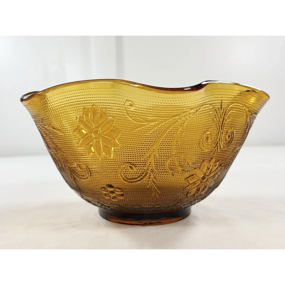 Vintage Tiara Indiana Glass Amber Sandwich Daisy Crimped Ruffled Bowl 10